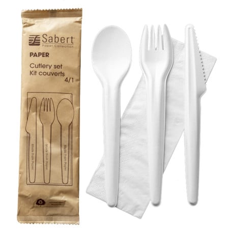 Kit Couverts Carton Kraft Fourchette, Couteau, Cuillère et Serviette (300 Utés)