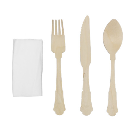 Set de Fouchette, Couteau, Cuillère et Serviette en Bois “Classic” 20cm (100 Utés)