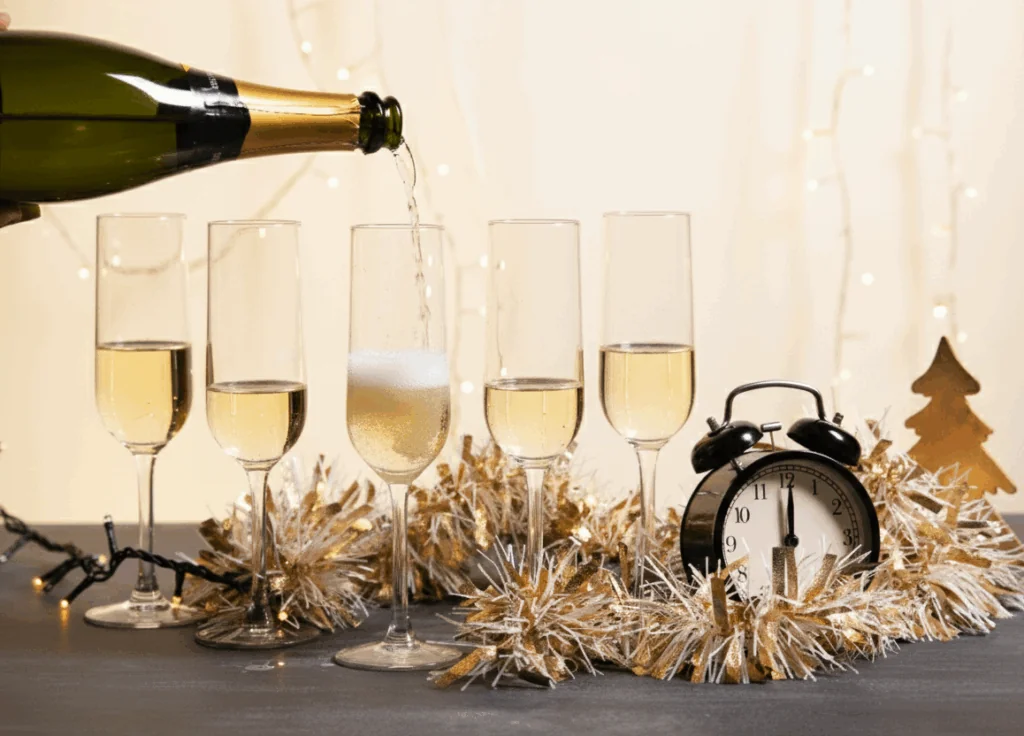 Coupes de cava personnalisées pour un toast unique de fin d’année.