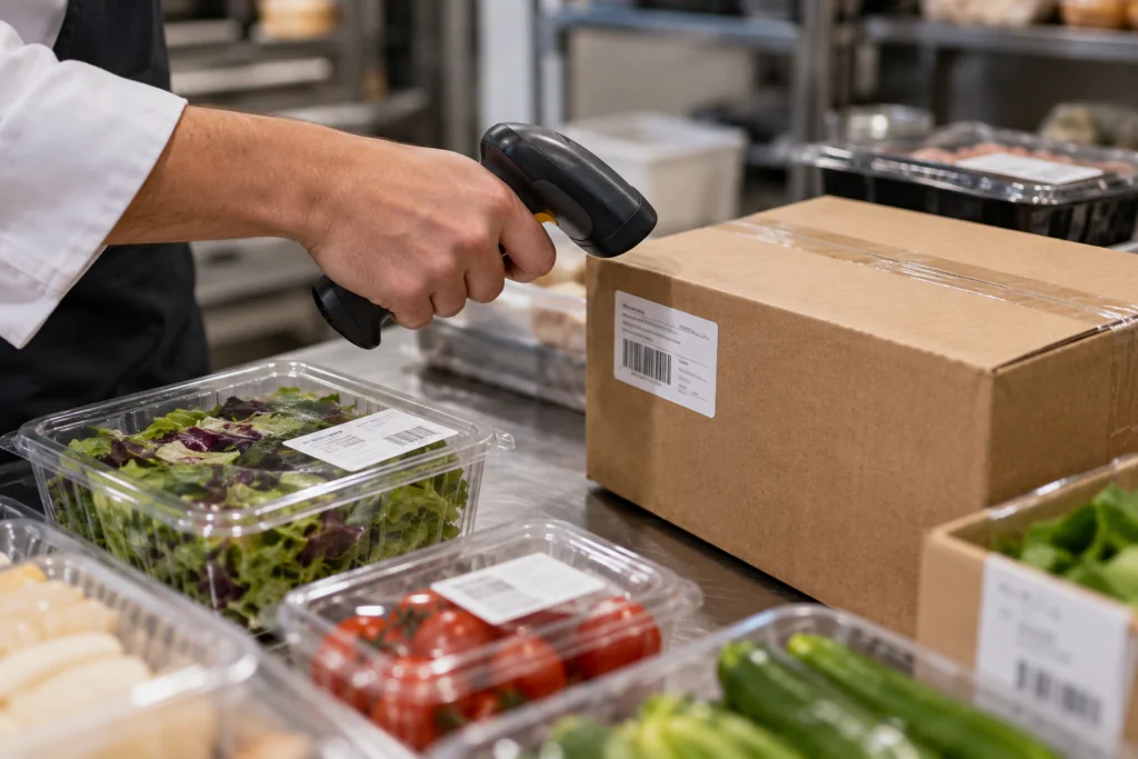 Professionnel scanne des étiquettes et des numéros de lot pour appliquer les types de traçabilité alimentaire
